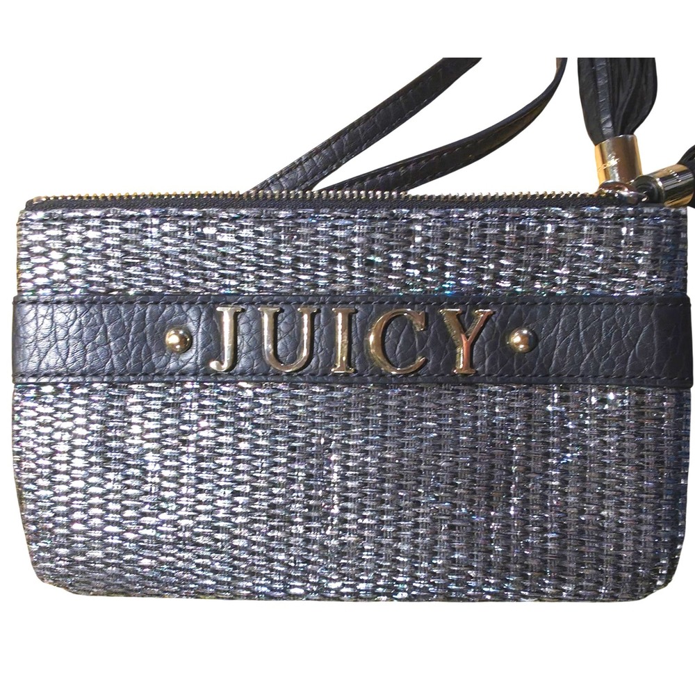 Juicy Couture‎ Iridescent Wristlet Clutch Silver Black Tassel Zip
